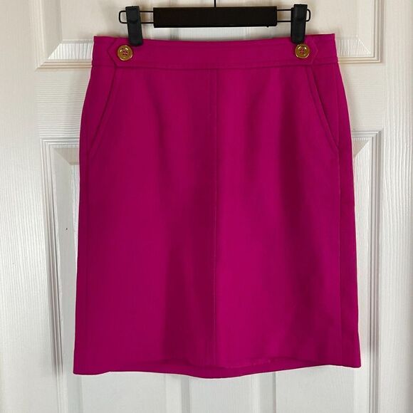 Ann Taylor Women 4P Pink Skirt Back Zip Straight Pencil Knee Length Buttons N2 - Picture 2 of 12